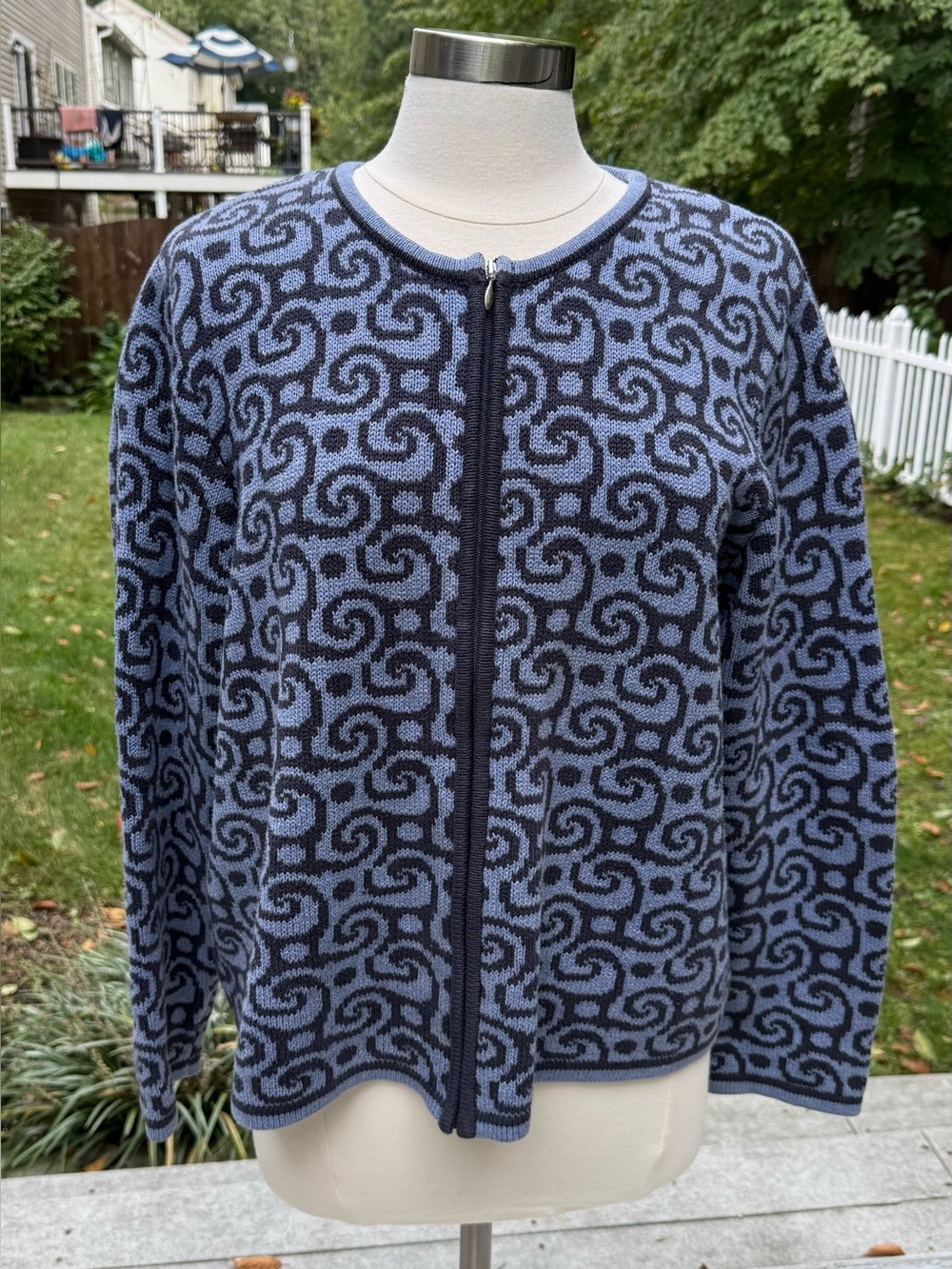 Talbots Navy and Light Blue Geometric Zip-Front Cotton Cardigan